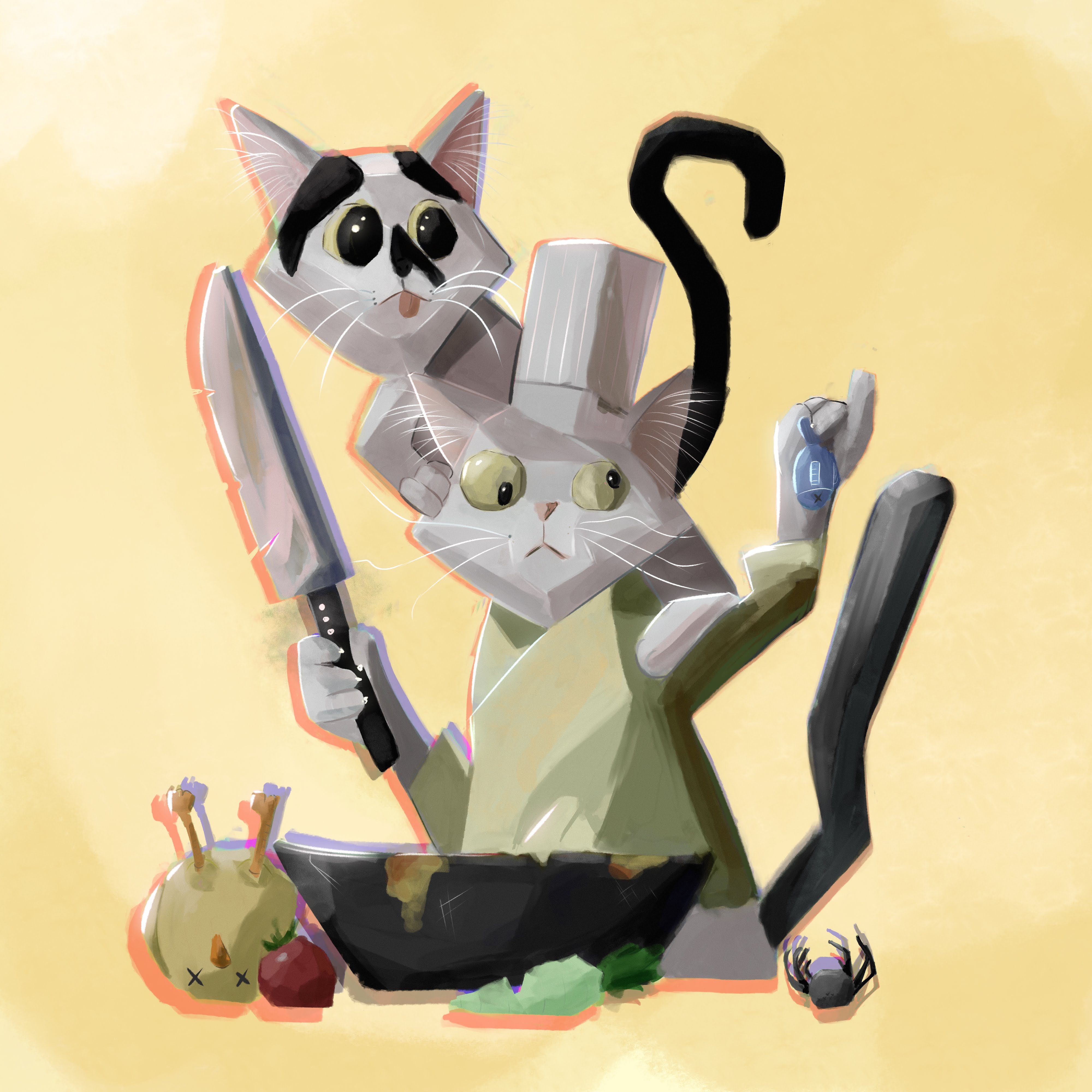 My cats Shiro (as a cook) and Mallow